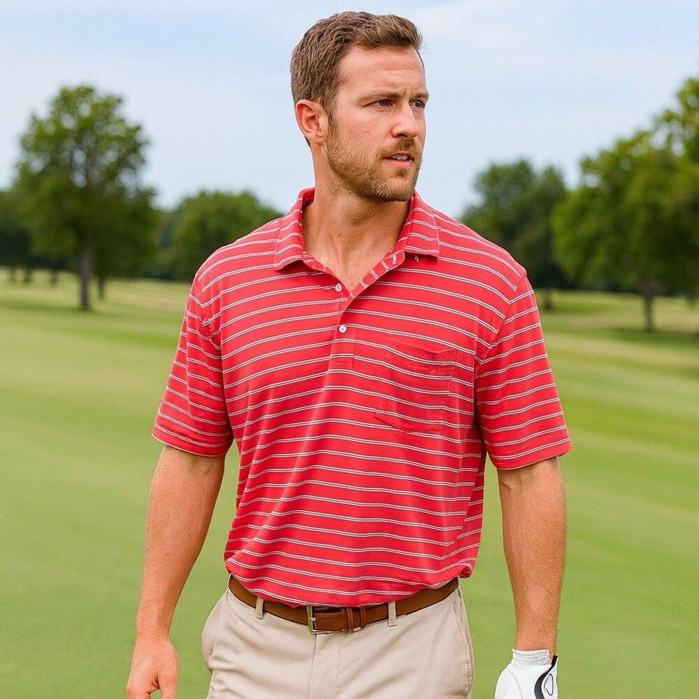 Peter Millar Mens Polo Golf Shirt L Pink Striped Seaside Wash Classic Casual